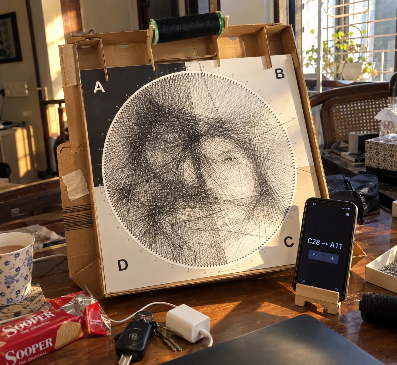 The kit's box folded open into an easel on a table, the board upright with the A–D card, thread on top and the guide on a phone in front